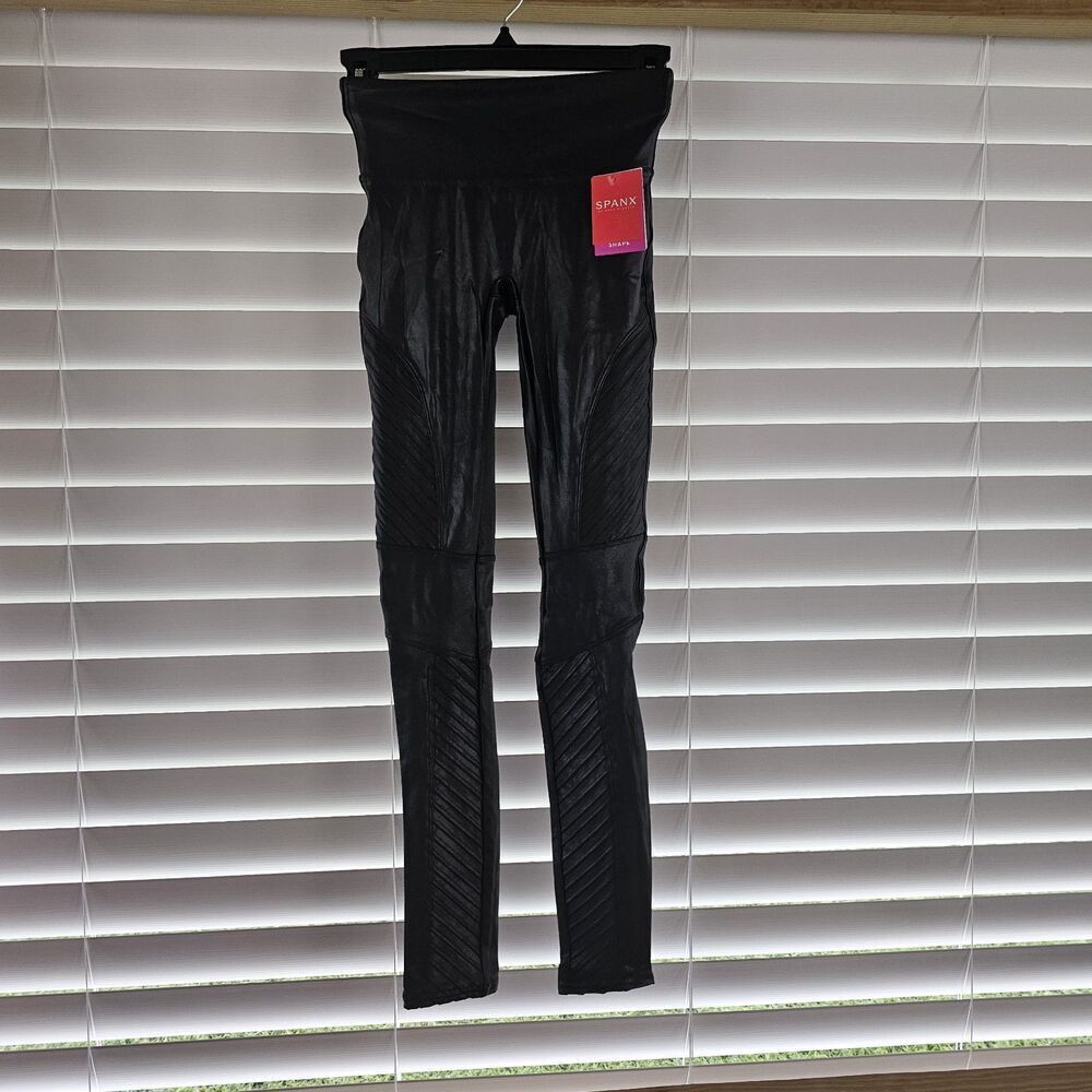 Spanx Faux Leather Moto Leggings XS Women's Black Pull On NWT